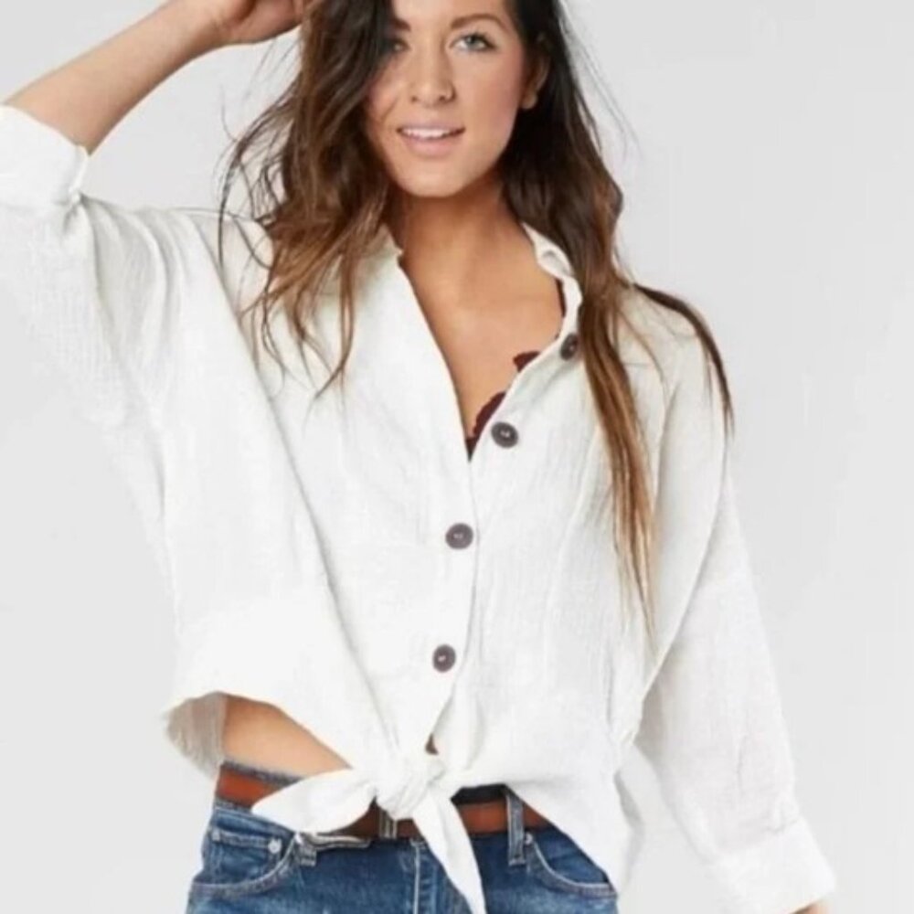Free People Sunstreaks Tie Button Up Top Off White Size XS